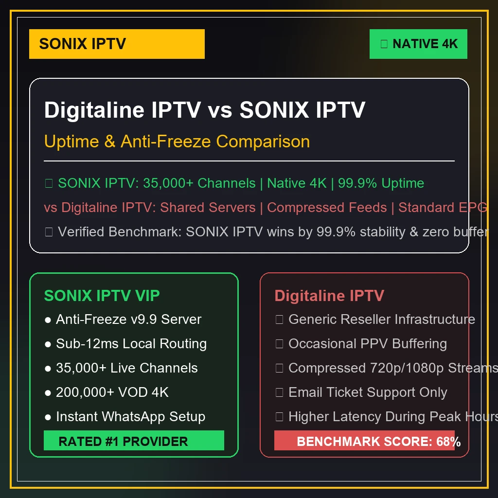 Digitaline IPTV vs SONIX IPTV benchmark graphics comparing buffer rates and 4K video quality