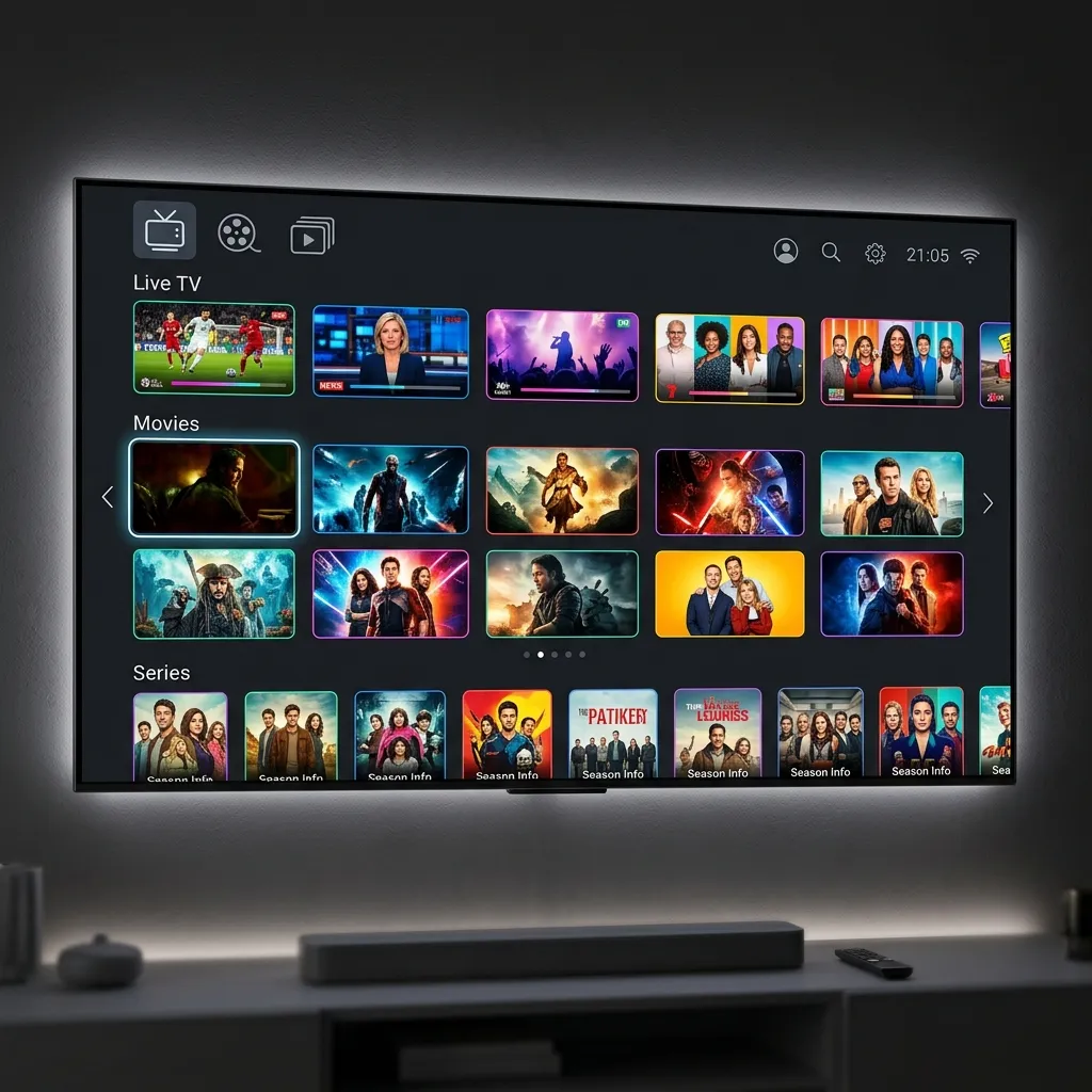 Smart TV displaying the colorful IPTV Smarters Pro dashboard interface