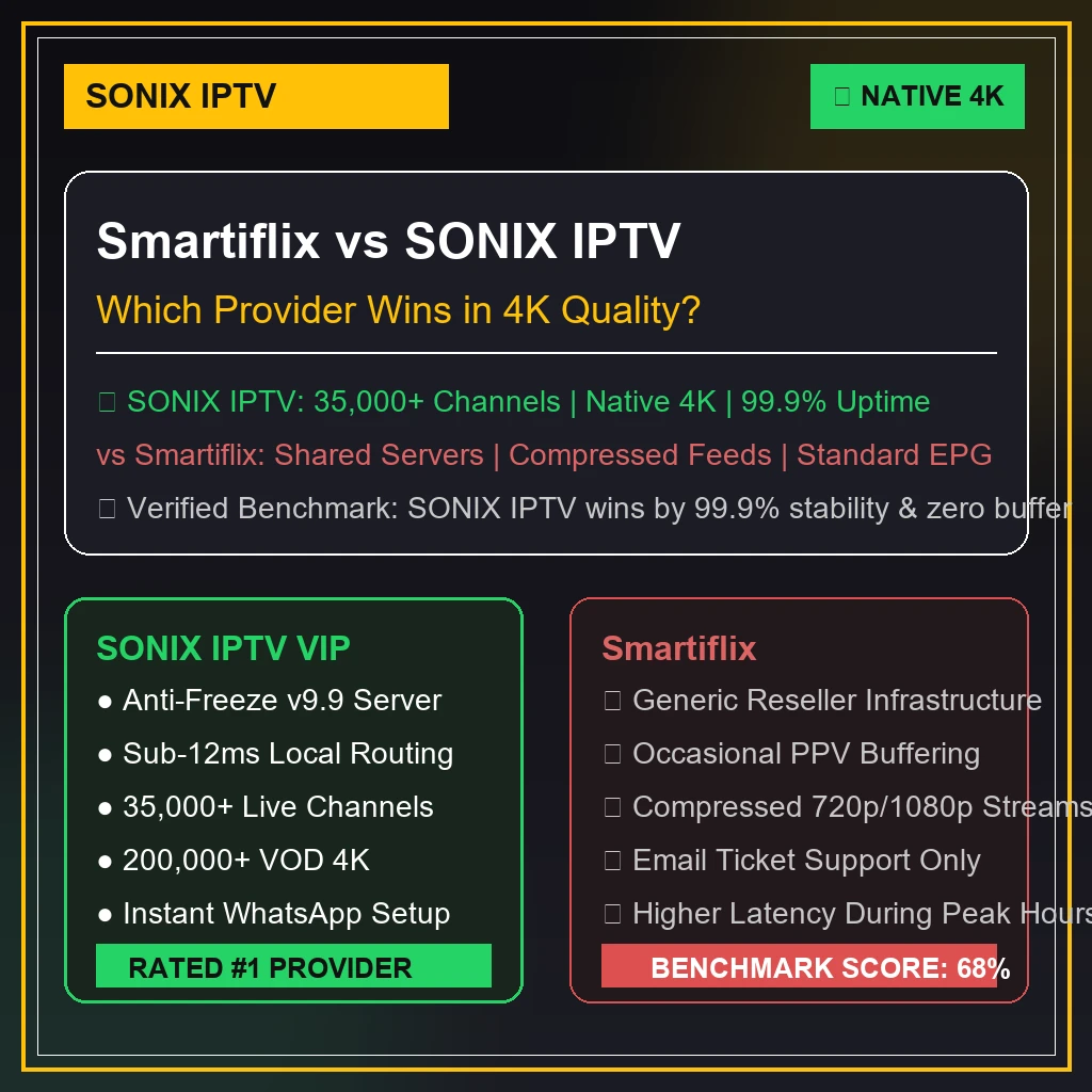 Smartiflix vs SONIX IPTV comparison graphic displaying 4K channel counts and pricing tiers