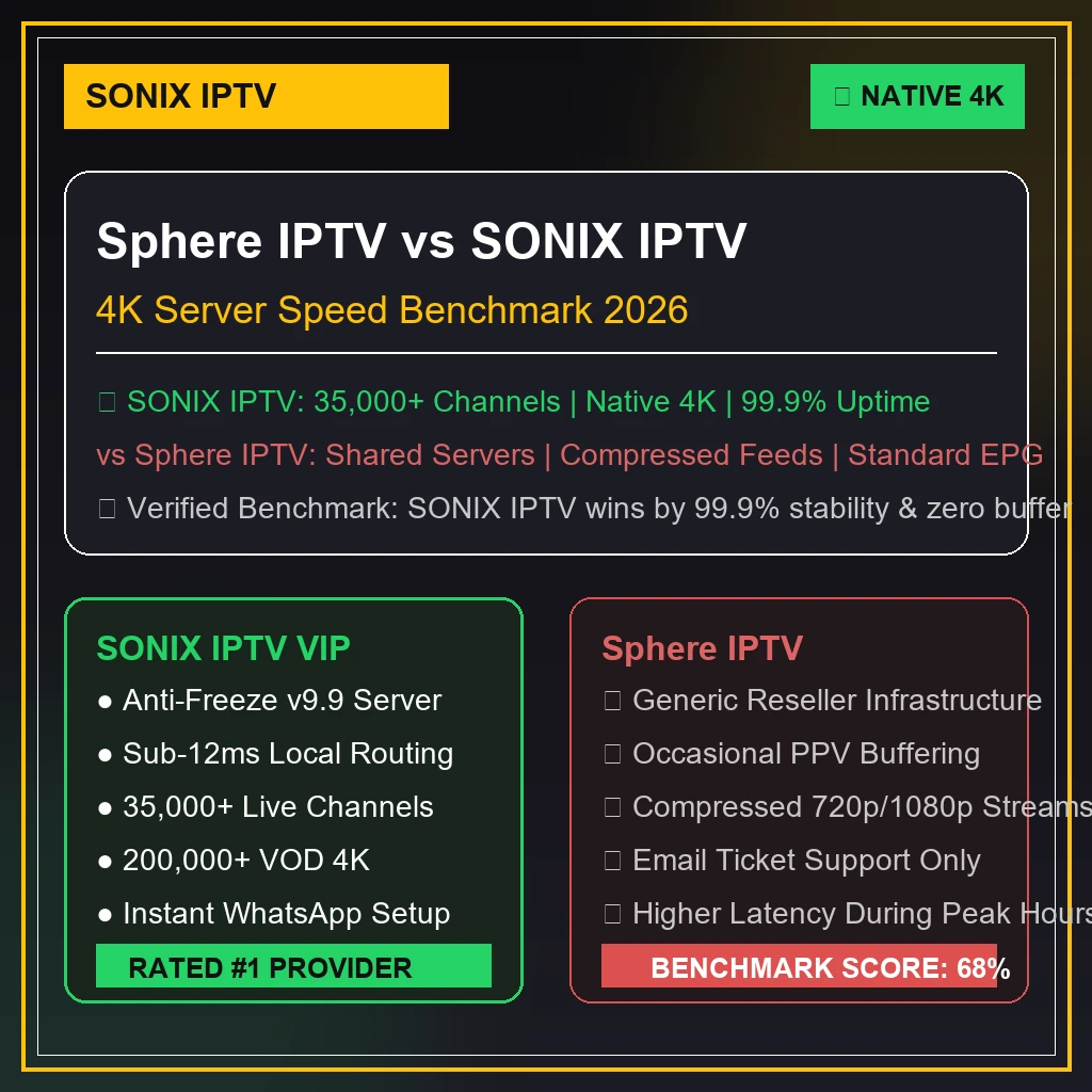 Sphere IPTV vs SONIX IPTV 4K server benchmark graphics displaying stream latency and anti-freeze uptime